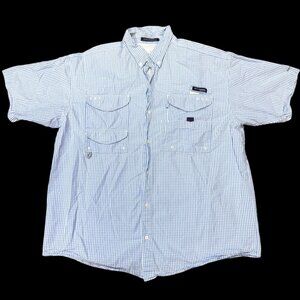 Columbia PFG Mens Fishing Shirt Blue Gingham XL Short Sleeve Button-Up Vented